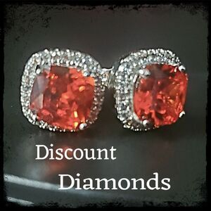 Red Sapphire & White Baguette  Diamond Stud Earrings on 925 Silver